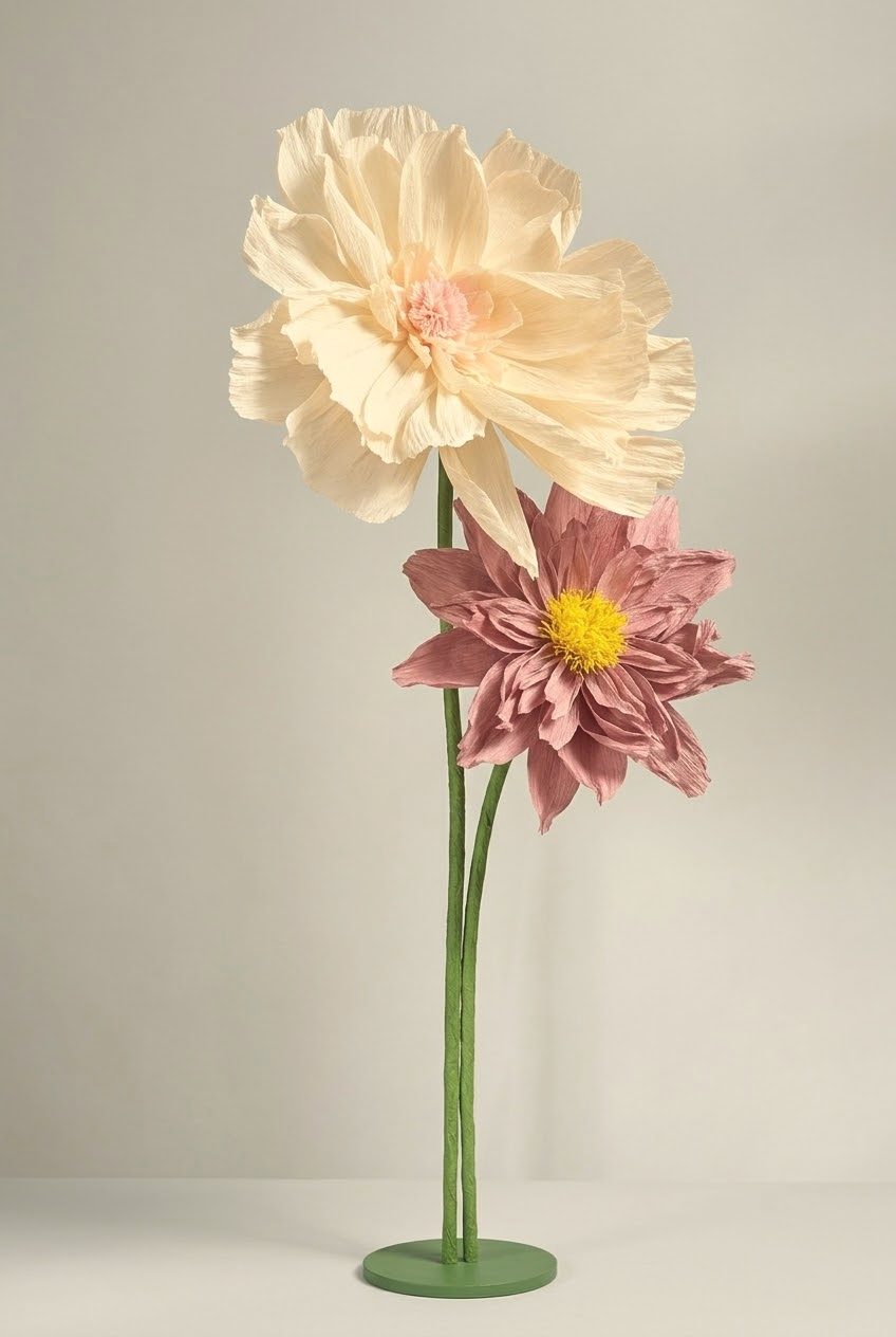 Ivory peony and mauve dahlia on one base