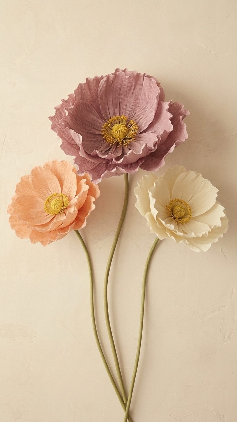 Three giant paper poppies on one base
